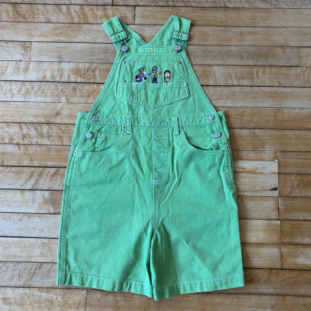 VTG 90s Looney Tunes Kids Youth Size 12 Overalls Shorts Bibs Green Embroidered